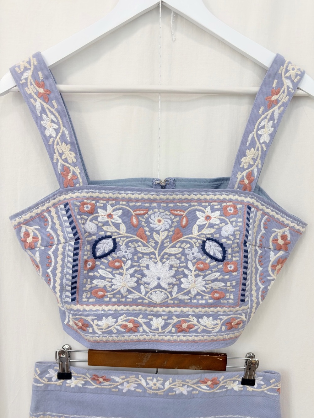 jacquie the label Floral Embroidered Blue Top Mini Skirt 2 piece set large NWT - Picture 5 of 17